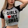 European and American Summer New Round Neck Pullover Short Sleeve Letter Multi-picture Printing Off the Navel European and American Women's Top T-shir