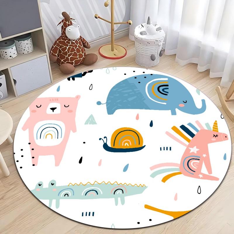 Cute Dinosaur Cartoon Round Rug, Soft Chenille Non Slip Floor Mat for Kids Room, Living Room, Nursery, Washable Area Rug