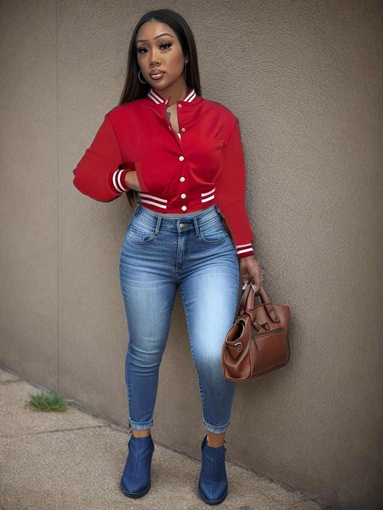 2024 Women's Solid Color Single-Breasted Baseball Jacket - European American Spring/Autumn Fashion