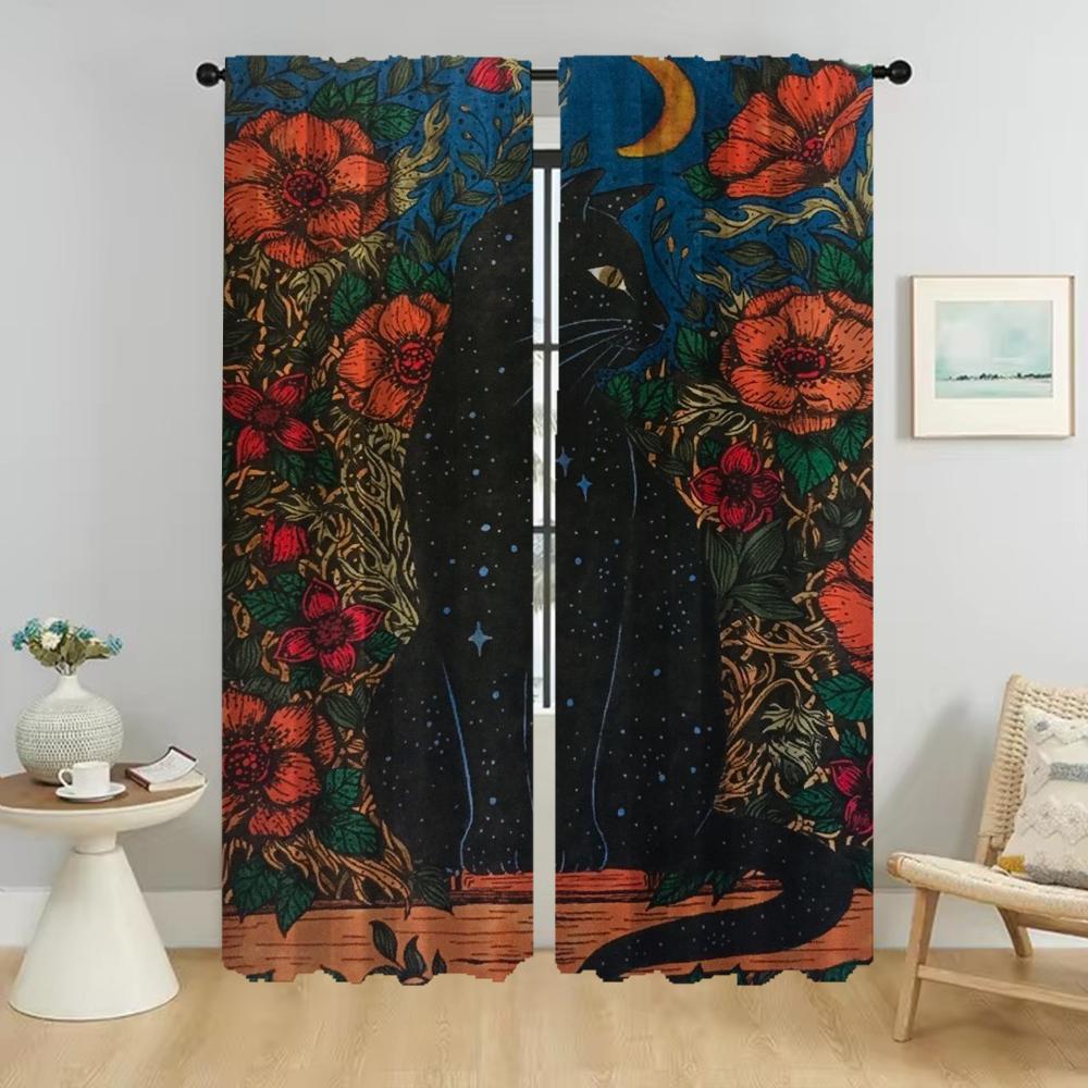 Blackout Curtain for Room 2 Panel Magic Cat Curtains for Bedroom Home Interior Curtains Partition Halloween Decoration Living