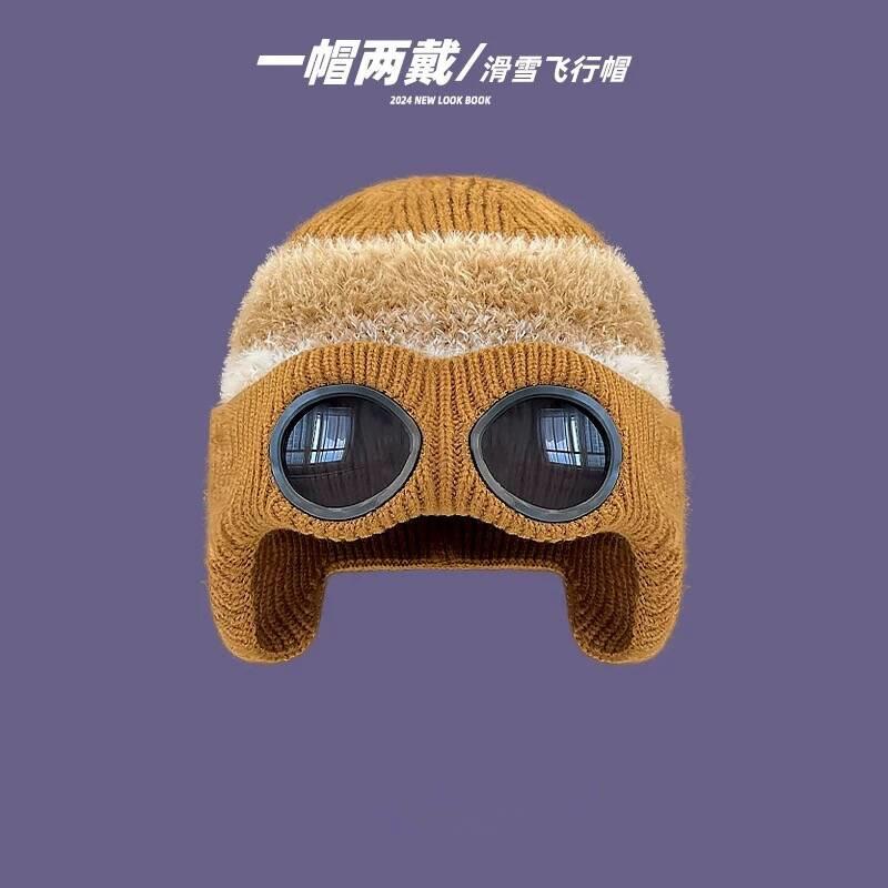 

Pilot sunglasses decorative wool hat women s autumn and winter cold and warm ski hat hipster versatile glasses cold hat men M（56-58cm） коричневий