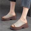 Johnature Genuine Leather Thick Soles Peep Toe Shoes Women Vintage Wedges Slides Outdoor Platform Slippers