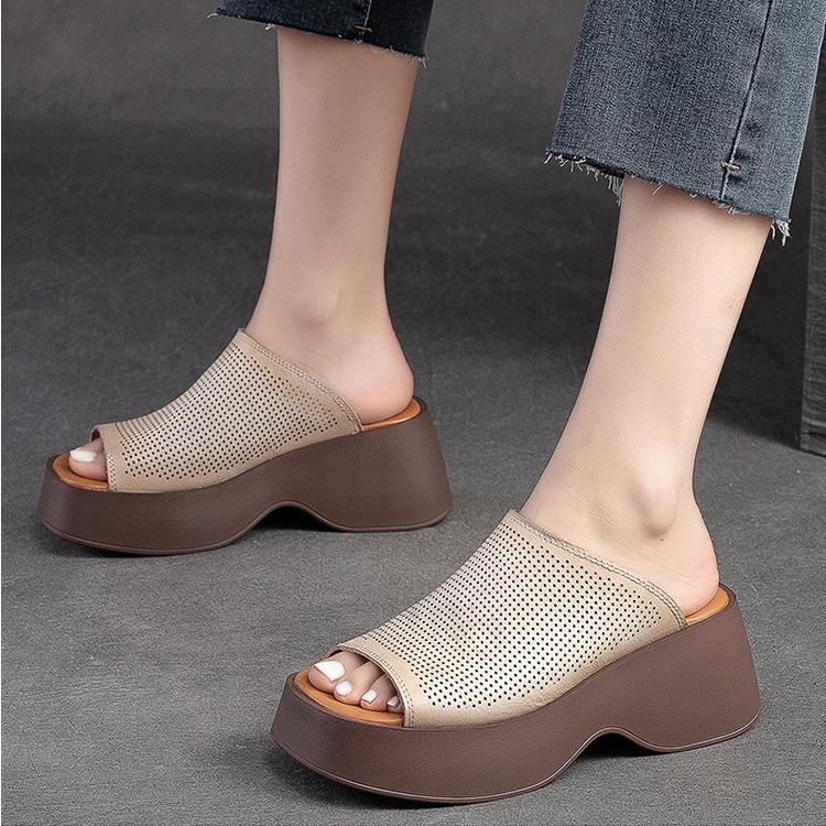 Johnature Genuine Leather Thick Soles Peep Toe Shoes Women Vintage Wedges Slides Outdoor Platform Slippers