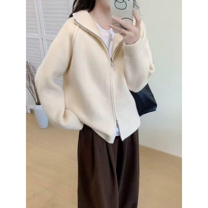 New Simple Temperament Stand-up Collar Double Zipper Knitted Cardigan Women's Shoulder-plugged Reverse Cover Long-sleeved Thick Coat