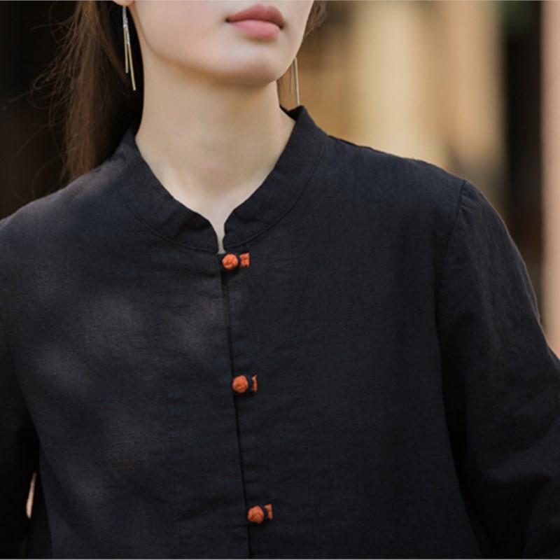 Johnature Dámské košile a topy v čínském stylu Stojáček Dlouhý rukáv Kapsy Halenky Podzimní jednobarevné košile