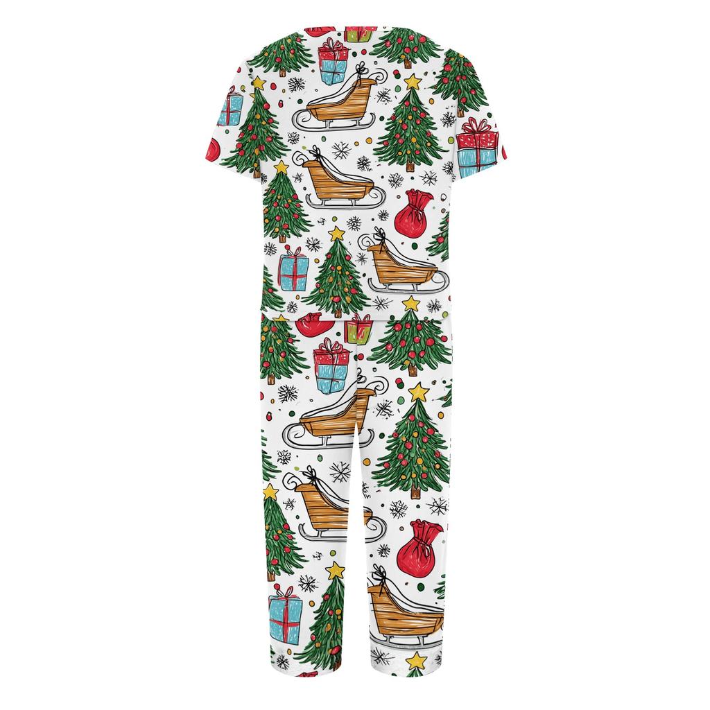 Casual TweeDelig Kerstprint Outfit voor Dames met Top met Korte Mouwen en Broek