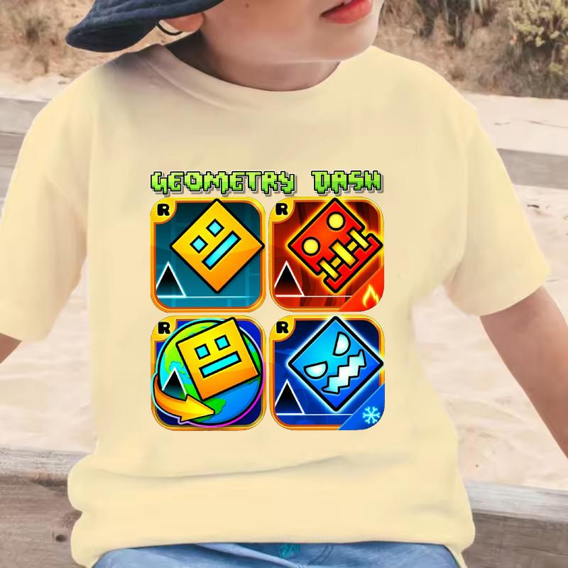 Geometry Dash Cartoon Print Kids Tshirt Childrens Clothing Summer Casual Crew Neck Short Sleeve Tee Girls Clothes Boys Tops