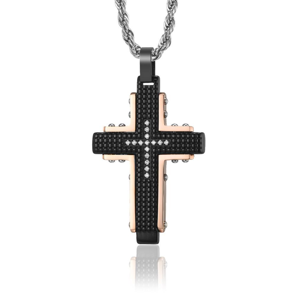 New Men s Titanium Steel Plaid Diamond Two-Color Cross Pendant Men s Necklace Fashion