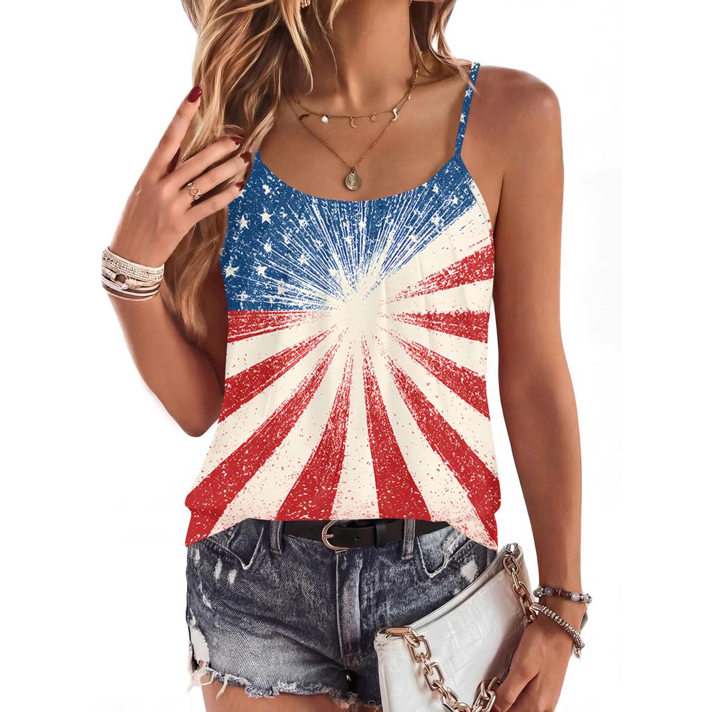 Women’s Casual Sleeveless Spaghetti Strap Ruched Tank Top with Star Print for Summer Loose Fit Fashion Vest Blouse