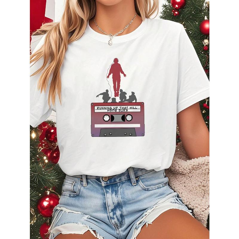 

Women s Running Up That Hill Iconic Song Print T-Shirt - White Short Sleeve Round Neck Top with Signature Phrase - Casual, Casual Attire S