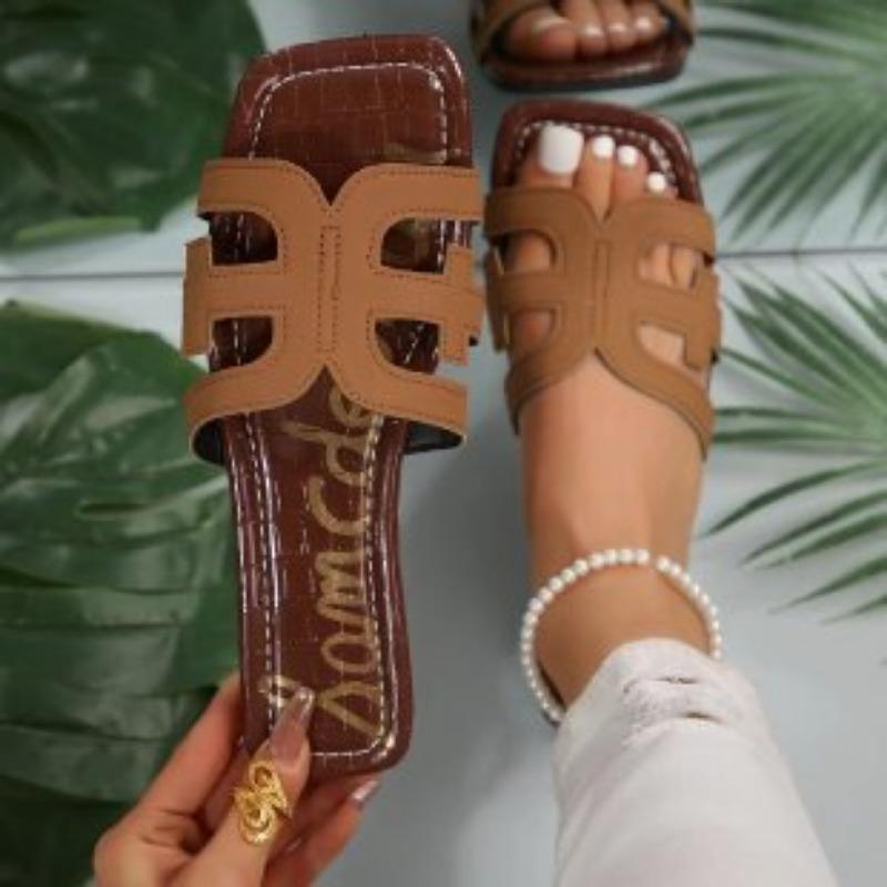 Fairy wind flat-bottomed cool slippers female new large size H leather one-word slippers summer wear beach sandals