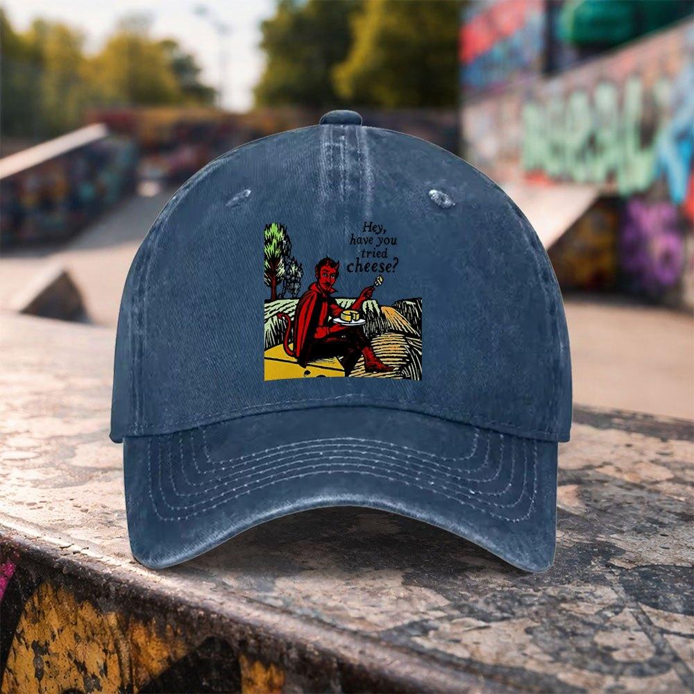 1pc Red Devil Eating Cheese Print Washed Duckbill Baseball Cap Adjustable Unisex Hat Suitable For Outdoor Sports Casual Wear