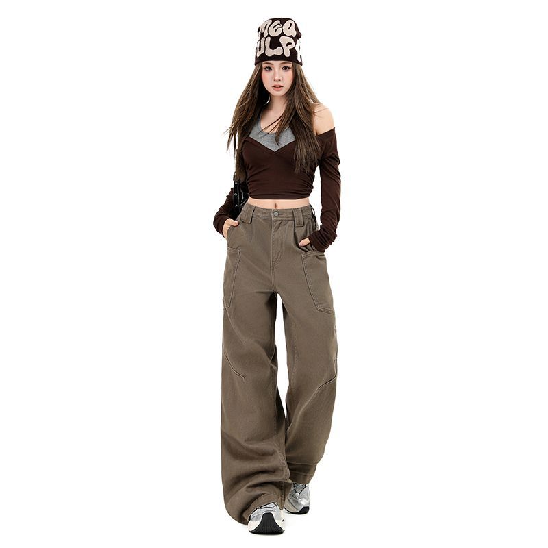 Early Spring Coffee Y2K Cargo Relaxed Wide Leg Denim Cargo Pants For Ladies Casual Pants Oversize Denim Trousers