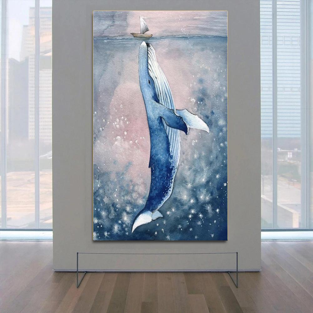 Healing Big Whale Kisses Little Ship Canvas Paintings Posters and Prints Wall Art Picture for Kids Room Wall Home Decor