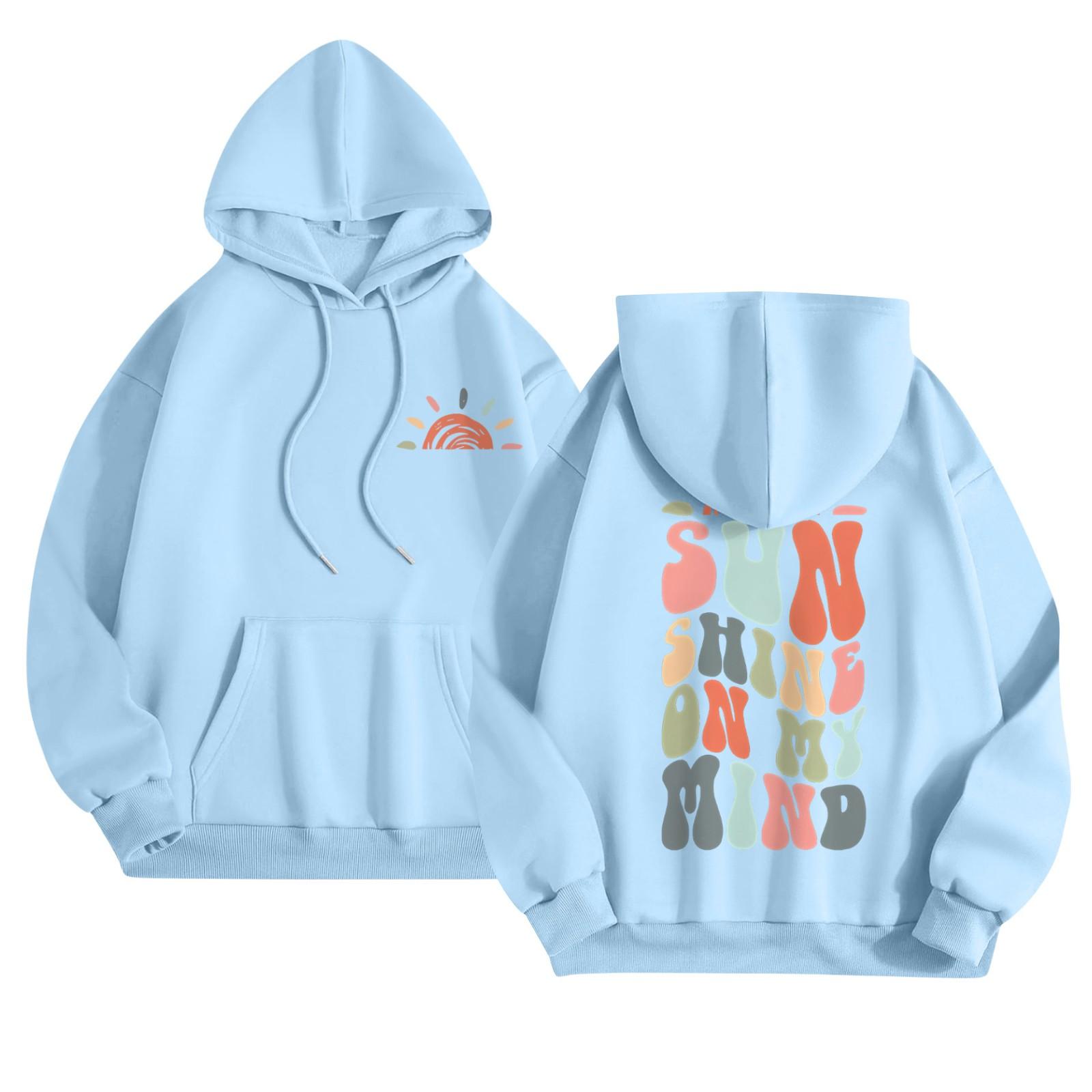 

Женская мода повседневная толстовка с капюшоном с длинным рукавом и круглым вырезом с карманами M светло-синий