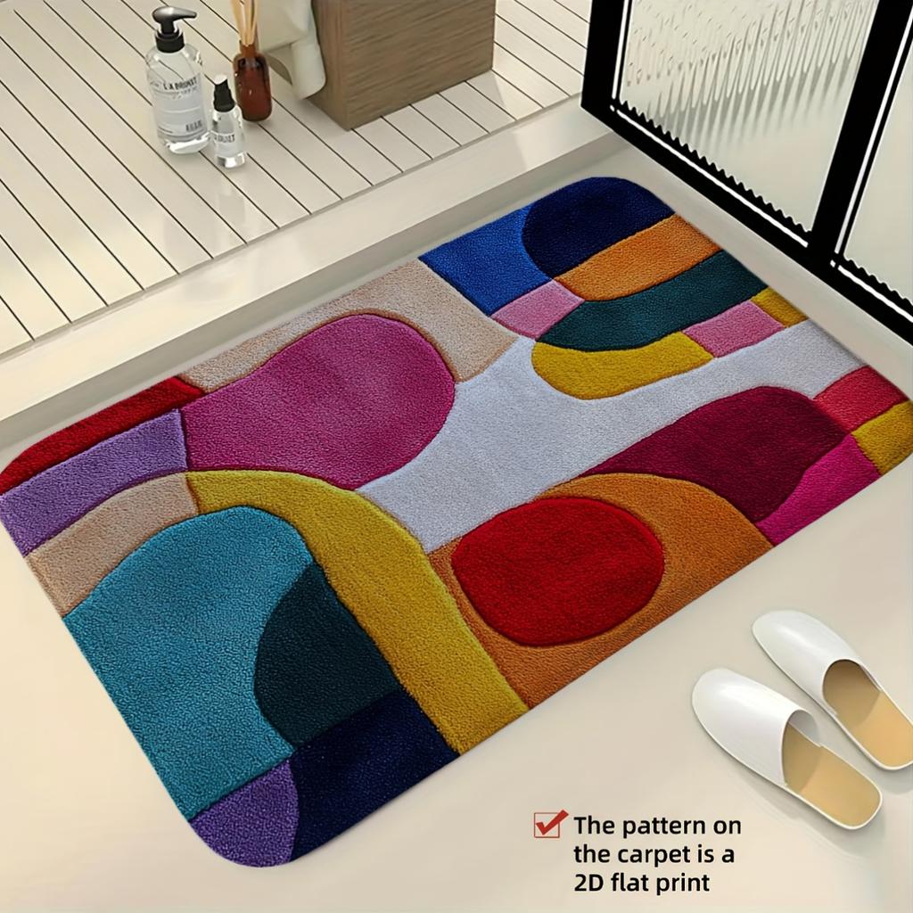 Colorful Abstract Geometric Printed Flannel Bath Mat With Soft Texture And Non Slip Backing Cozy Rug For Bathroom Or Home Decor