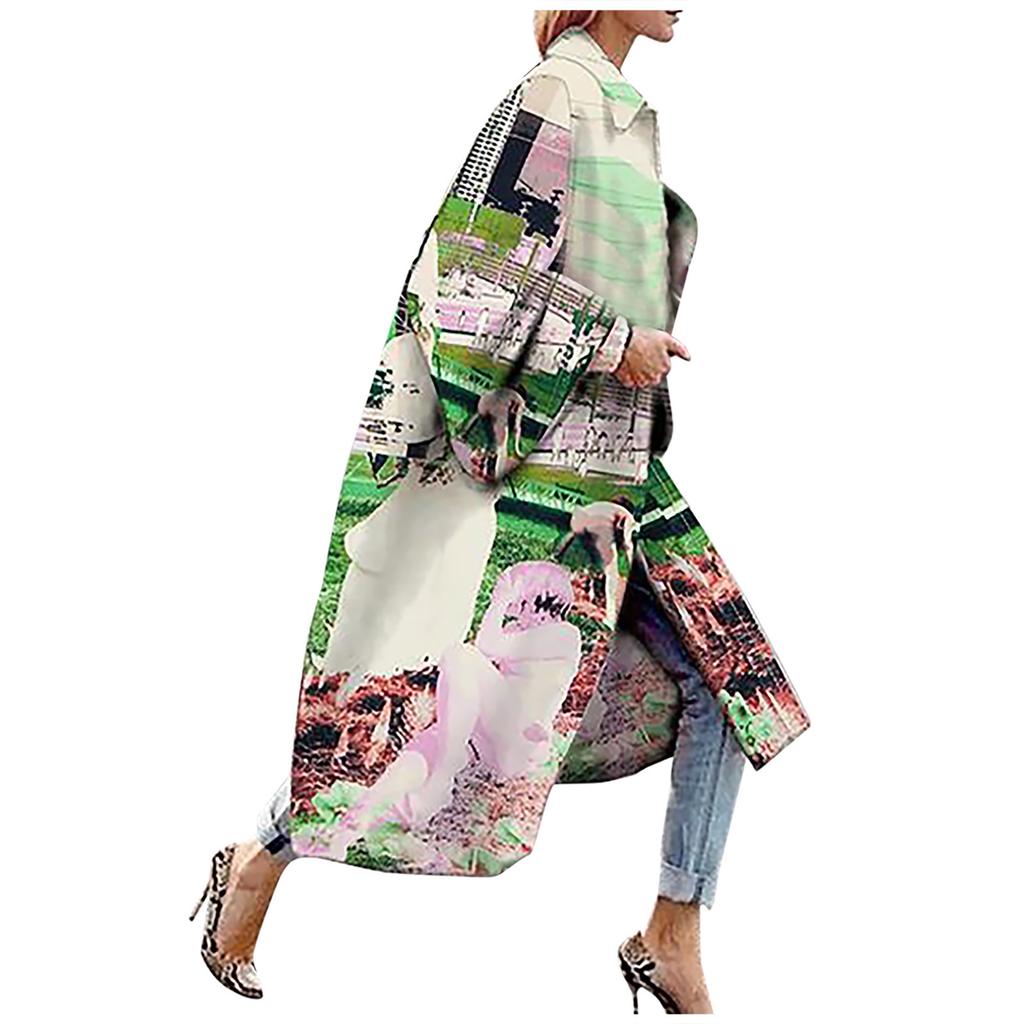 Fashion Women Printed Pocket Jacket Outerwear Cardigan Overcoat Long Trench Coat