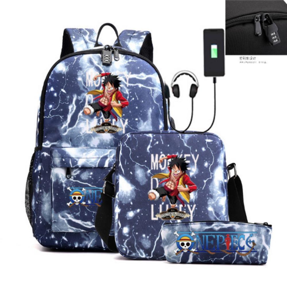 Riman Zaino con lucchetto USB ONE PIECE borsa a tracolla borsa da scuola per studenti astuccio set da tre pezzi uomo e donna