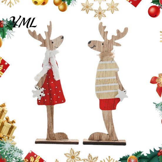 Hand Painted Wood Christmas Decor Wooden Reindeer Figurines, Handpainted Couple Elk Tabletop Ornaments, Rustic Xmas Festive Desktop Ornaments