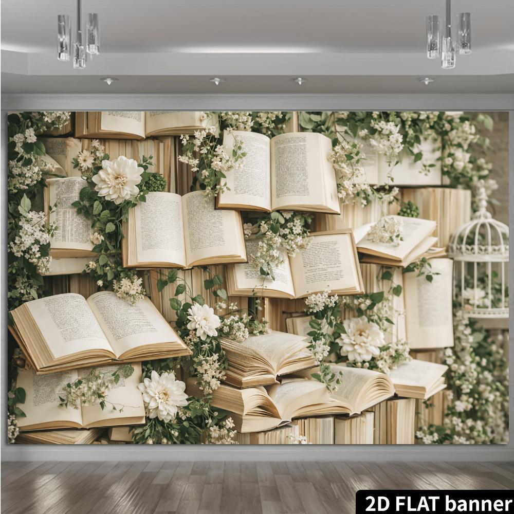 2D Plane, Book Cover with Floral Background, Flowers Suspended Over the Books, Suitable for Home Decoration, Polyester Fiber