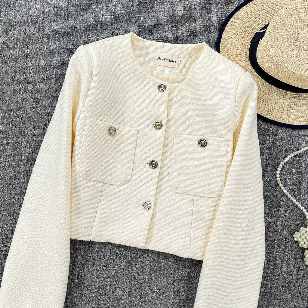 Autumn Winter Women Elegant Little Fragrant Wind Full Sleeve Single Breasted Tweed Short Jacket Coat with Pocket