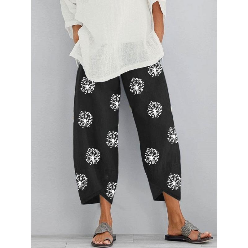 Women's Fashion Loose Dandelion Print Elastic Waistband Pocket Pants