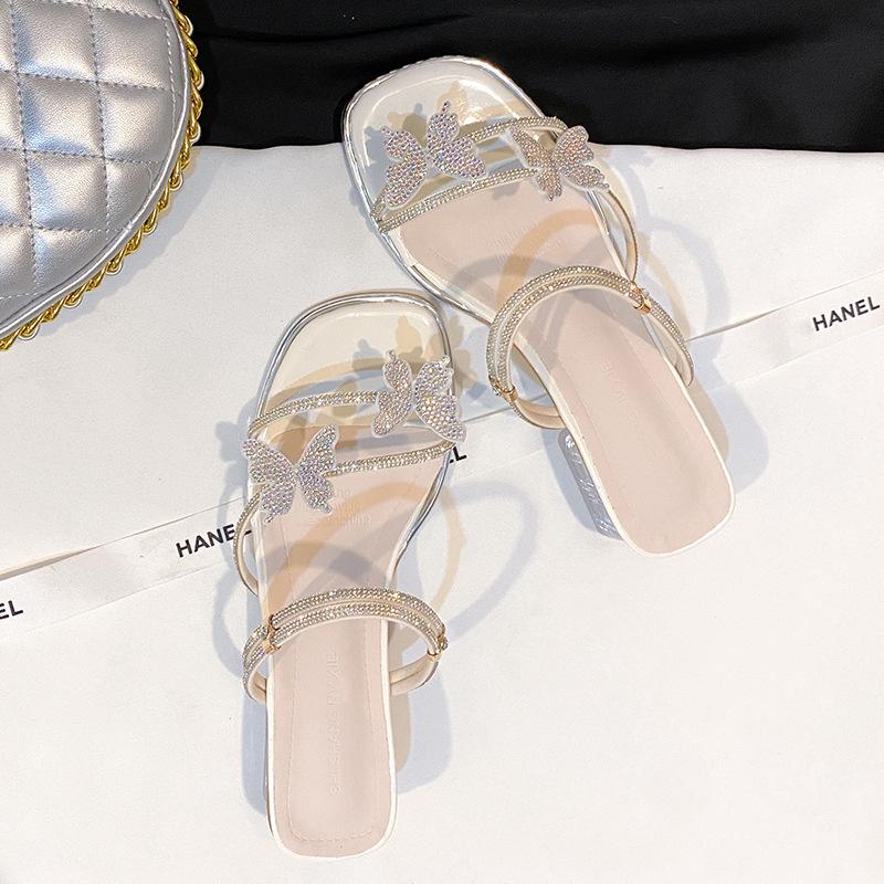 Crystal Rhinestone Butterfly Thick Heel Two Wear Set Toe Slippers Sandals 2025 Summer New Fashion Fairy Style
