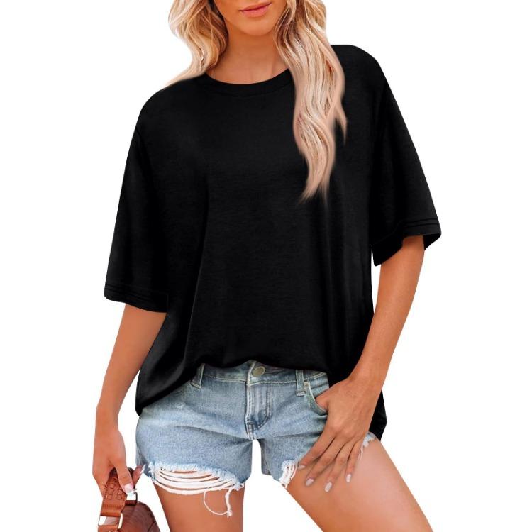 Women Summer Fashion Solid Color T Shirts Loose Scoop Neck Short Sleeve Tops Blouse