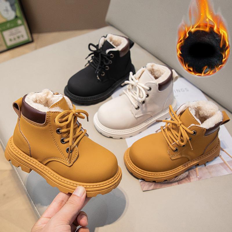 Children's Fashion Boots Winter Thickened Boys Girls' Anti Slip Warm Leather Boots Side Zipper Solid Color Kids Casual Shoes