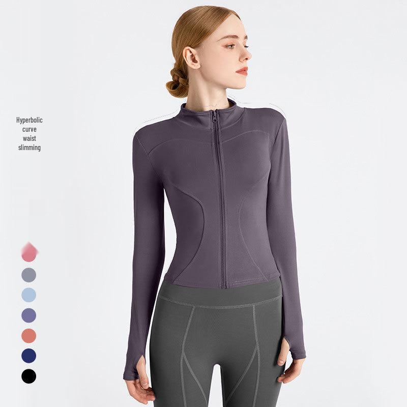 Pfirsichfarbene Fitnessjacke: Schnelltrocknendes Langarm-Sportoberteil mit Reißverschluss und Stehkragen für Yoga im Frühling und Herbst