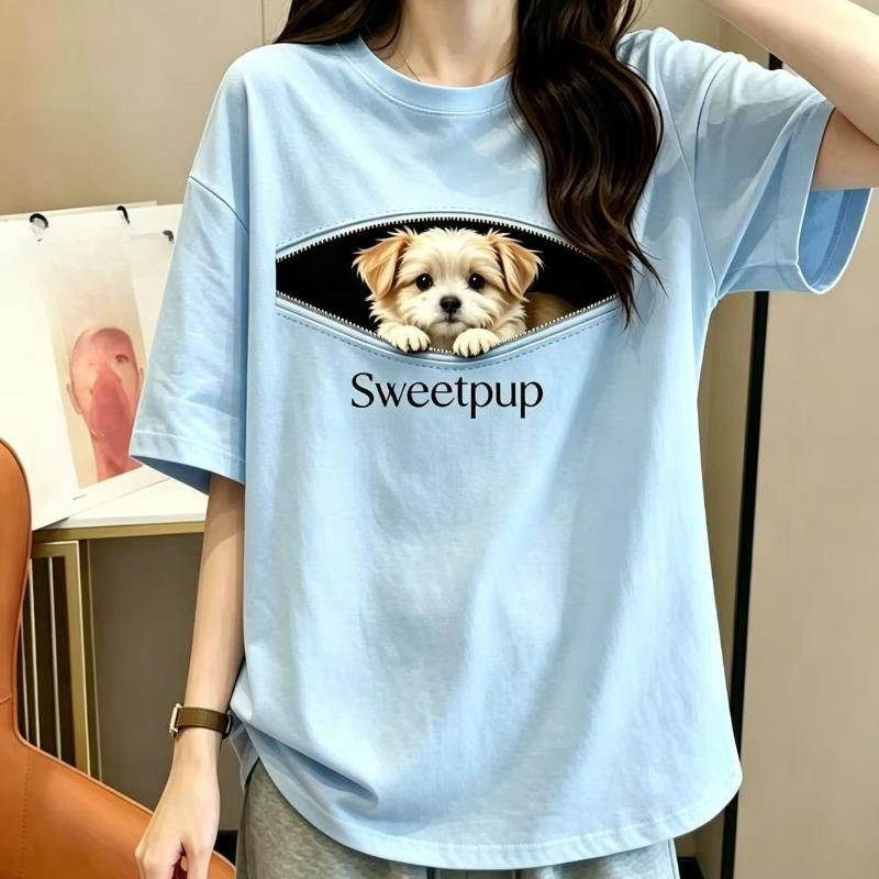 Women's Black Cotton Tee with Puppy Print – Casual Loose Fit Summer Shirt with Zipper