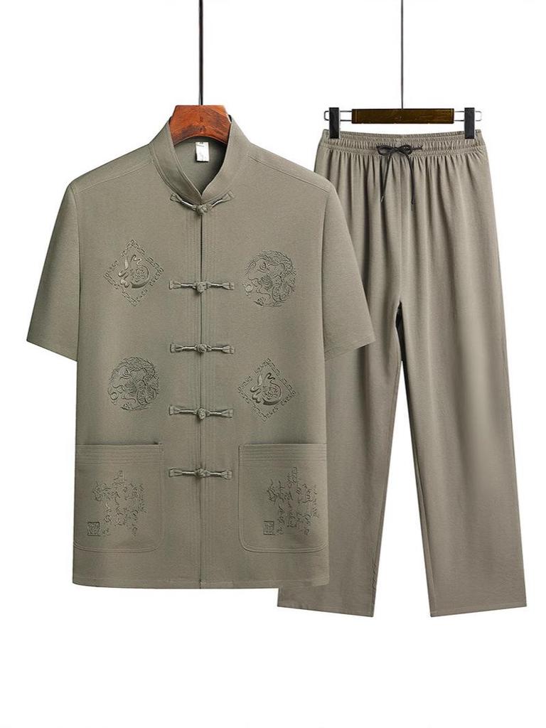 Summer Short-Sleeve Tang Suit Set for Middle-Aged and Elderly Men