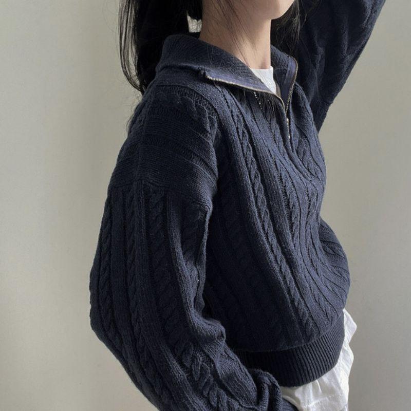 South Korea Chic Autumn and Winter Chunky Knit Top Women Retro Twist Half Zipper Lazy Short Sweater Coat