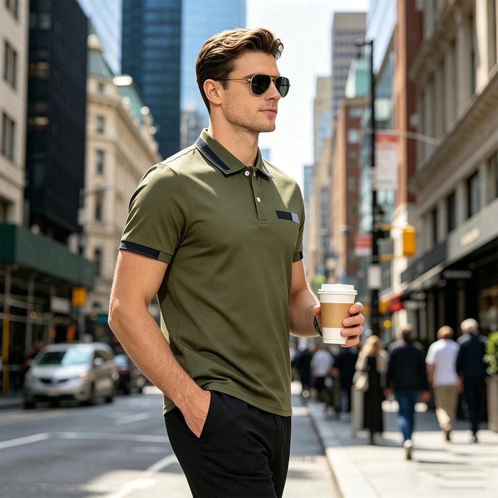 Men's Short Sleeve Polo Shirt Classic Fit Button Down Collar Pocket Design Casual Lightweight Breathable Top for Daily Wear