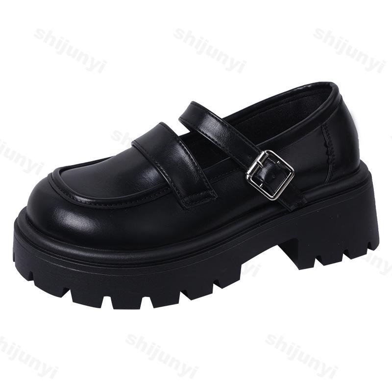 Woman Shoes Round Toe Mary Jane Chunky Loafers Platform High Heels Shoe Women Pumps PU Leather Buckle British Retro Dresses Shoe
