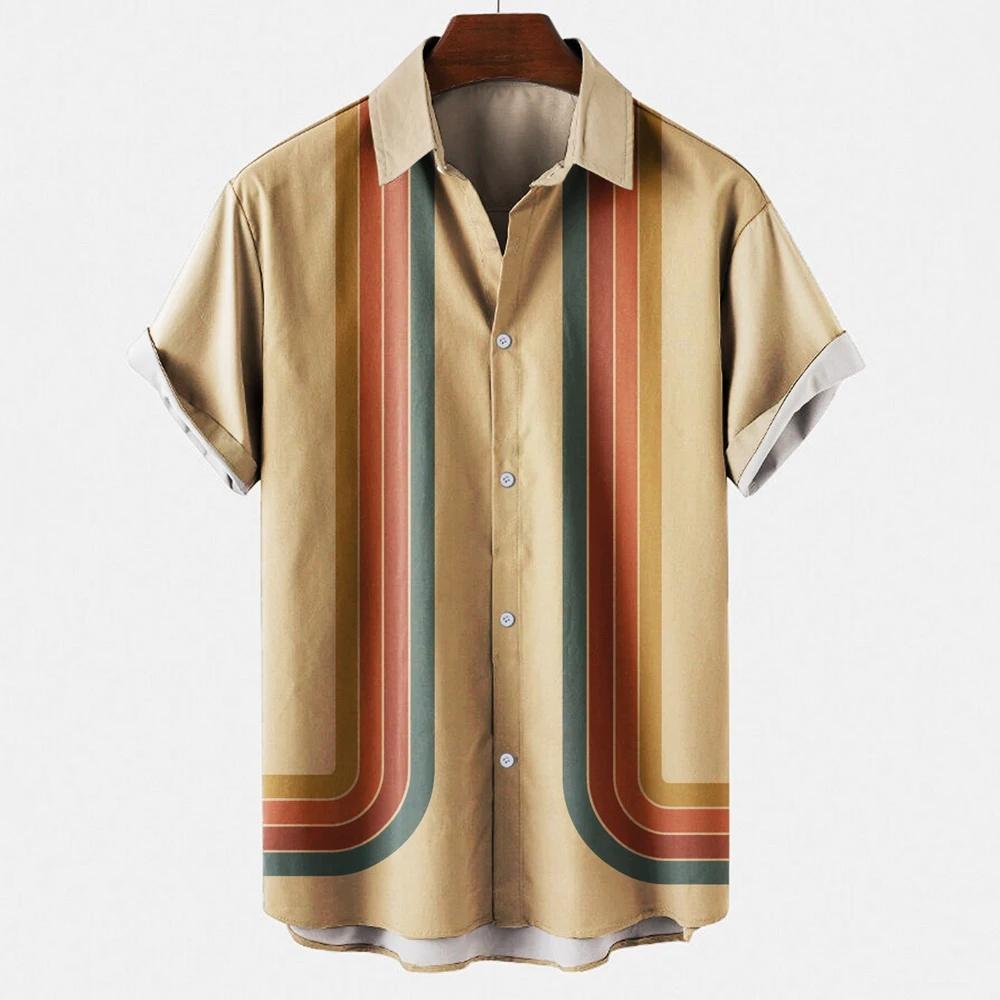 Camicia da uomo a maniche corte a righe stile hawaiano con stampa 3D, larga, stile street, top alla moda da uomo, casual, semplice, senza tasche