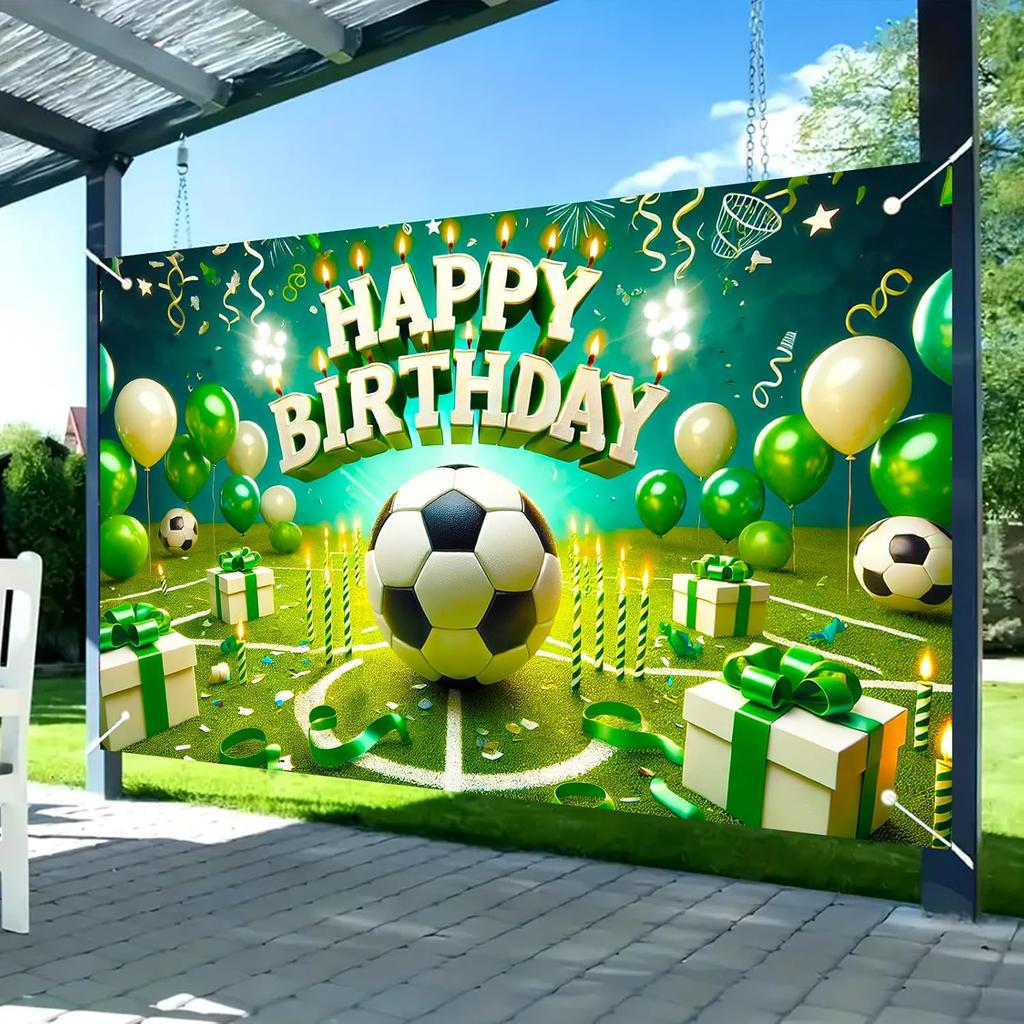 Glowing Soccer Happy Birthday Banner, Large Sports Backdrop for Outdoor Indoor Party Photo Booth