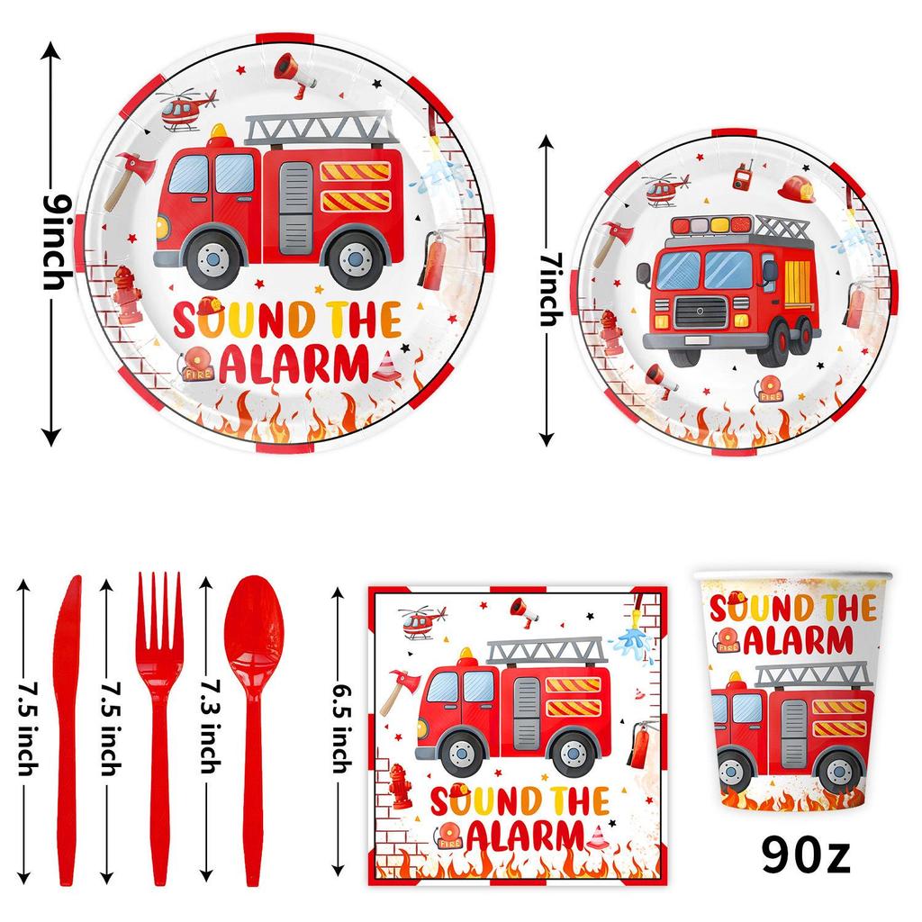 Fire Truck Birthday Party Set: Plates, Cups, Banners, Tablecloth, Cutlery