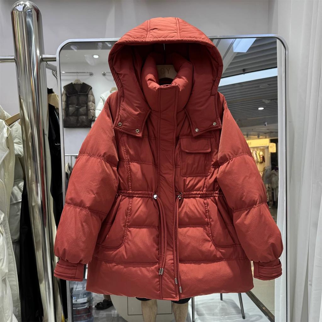 Autumn and winter new down jackets women's medium and long hooded waist drawstring thickened fashionable duck down warm jacket