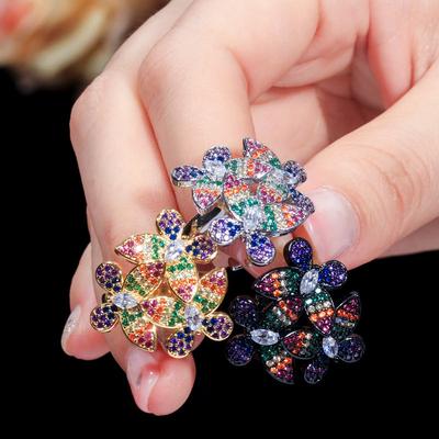 J0112 Popular Women'S Ring Elegant Temperament 3A Color Zircon Flower Ring Adjustable