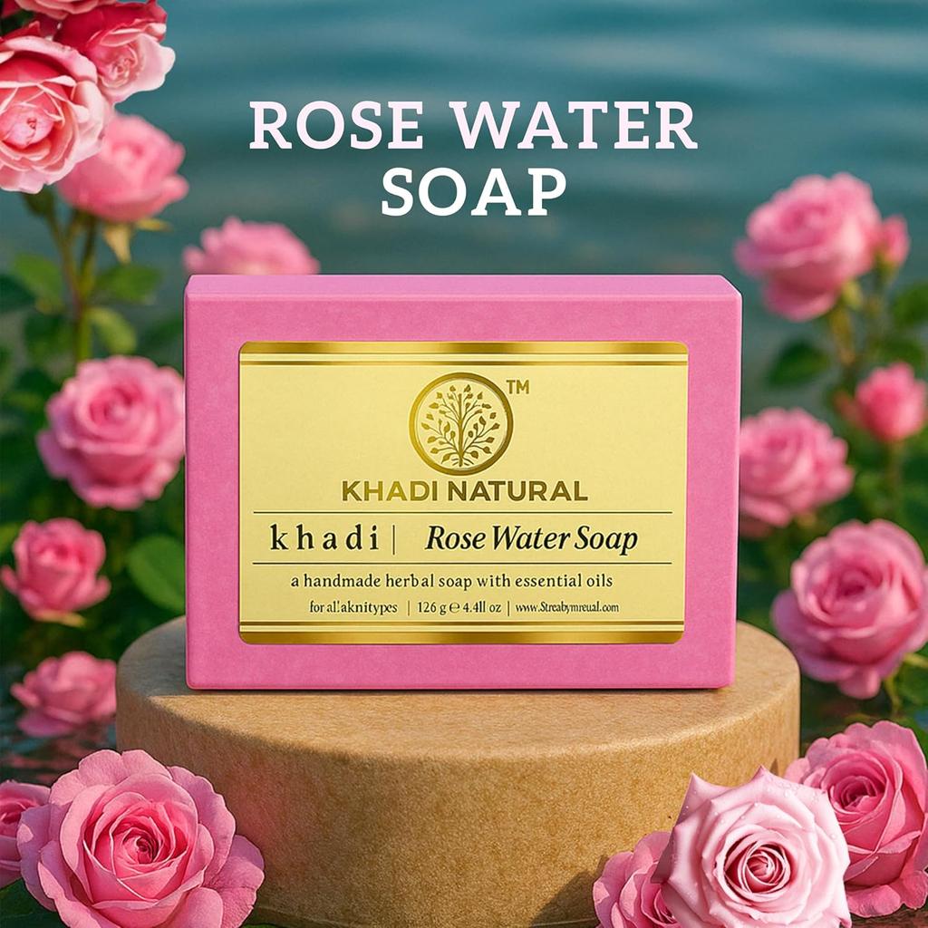 KHADI NATURAL Ayurvedic Rosewater Handmade Soap 5x125 G Pack Hydrating Soft Skin Cleanser