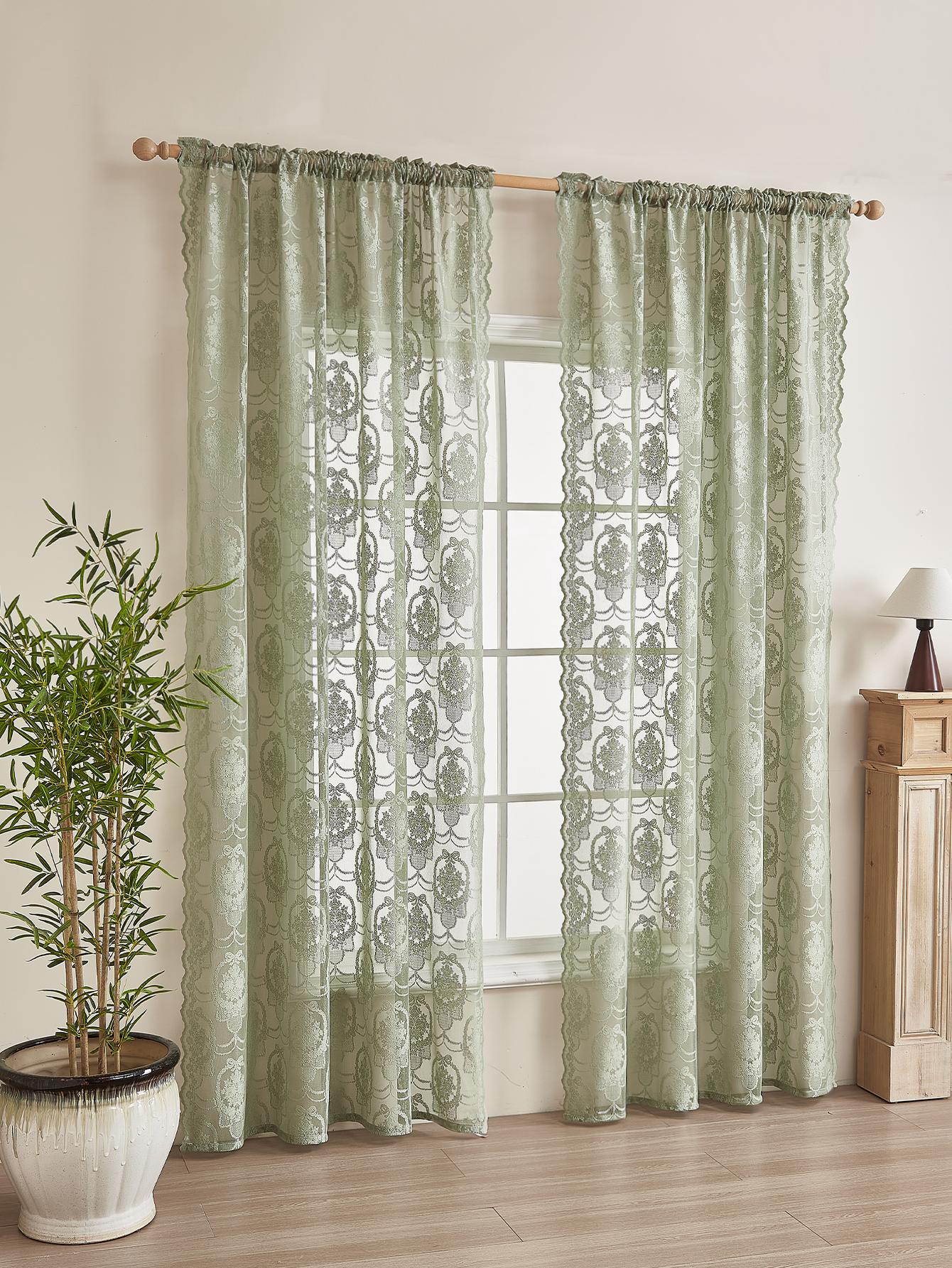 Groene Franse Stanggordijnen met Strik, Doorzichtig Gordijn voor Woonkamer Slaapkamer, Translucent 132x160cm&Fixed Pleat groen