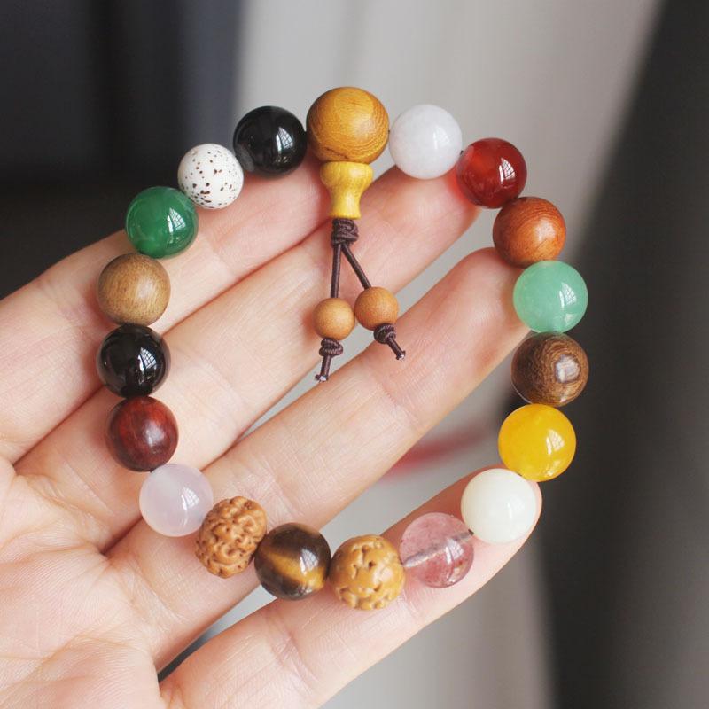 Traditional Chinese 18 Bodhi Seeds Mala Bracelet, Lingyin Style Multi-Treasure Prayer Beads for Couples