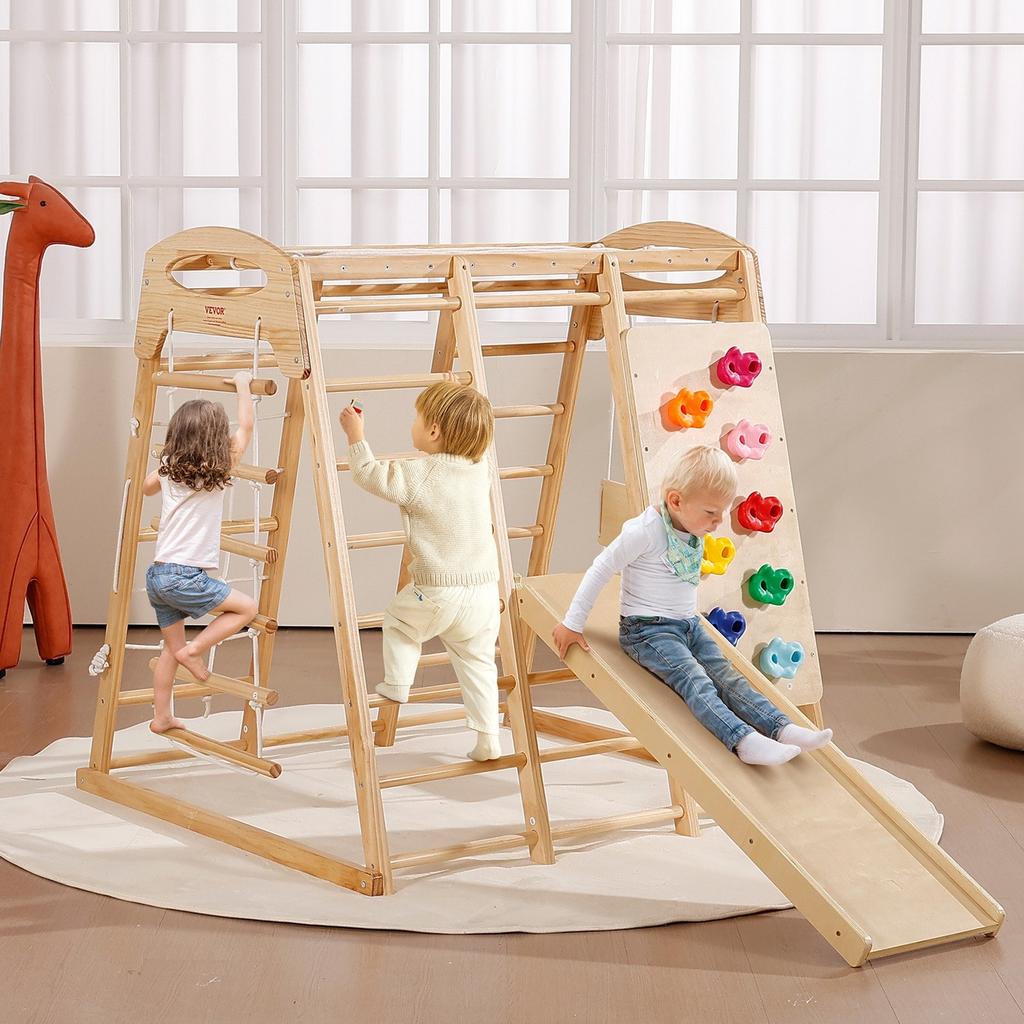 Indoor Jungle Gym, 7-in-1 Toddler Indoor Playground, 120 x 147 x 142 cm, with Wood and Rope Ladder, Net Ladder, Swing, Monkey Bar, Slide, Climbing