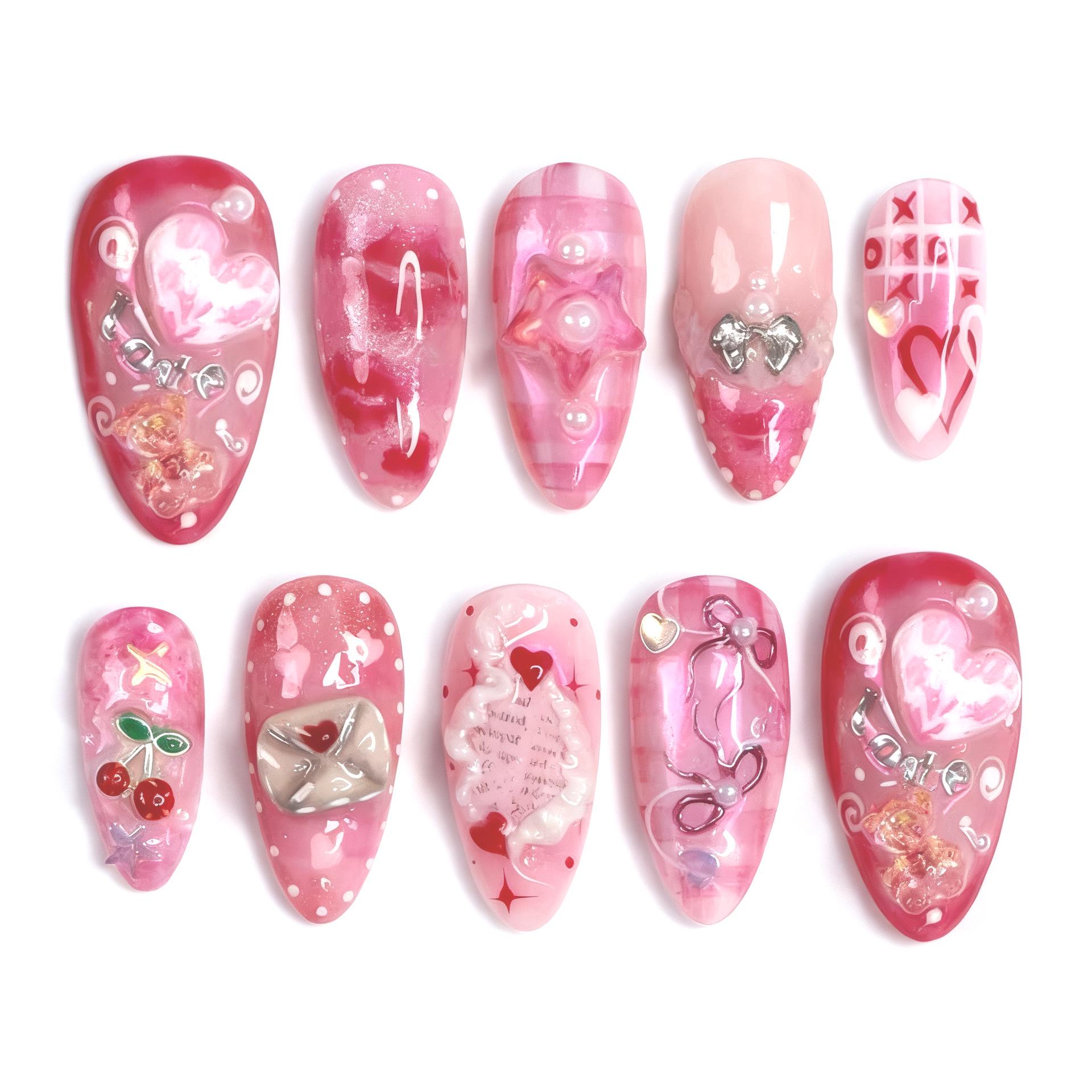 

30-Piece Handmade Almond Bear Valentine’s Nail Art Set: Cute Pink, Gold Foil, Cherry Heart Design Finished Strip (Three Pairs with Rhinestones)