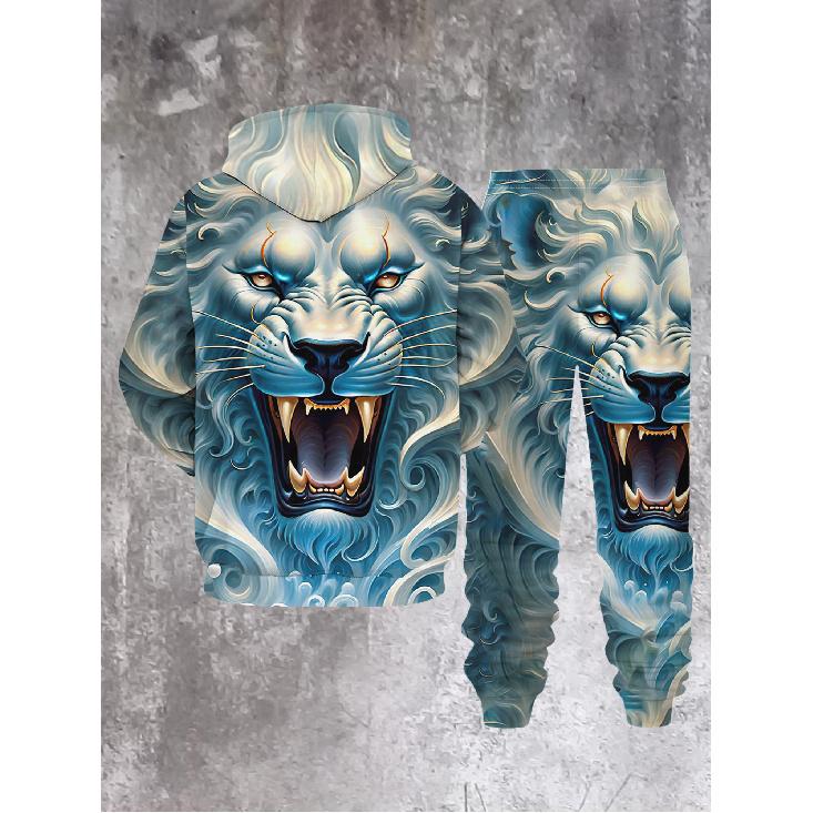 Hooded Men's Outfit Winter Street Style Trendy 3D Roaring Lion Graphic Print Hoodie Sweatpants Set Men's Fashion Casual Wear for Adults Men Holiday
