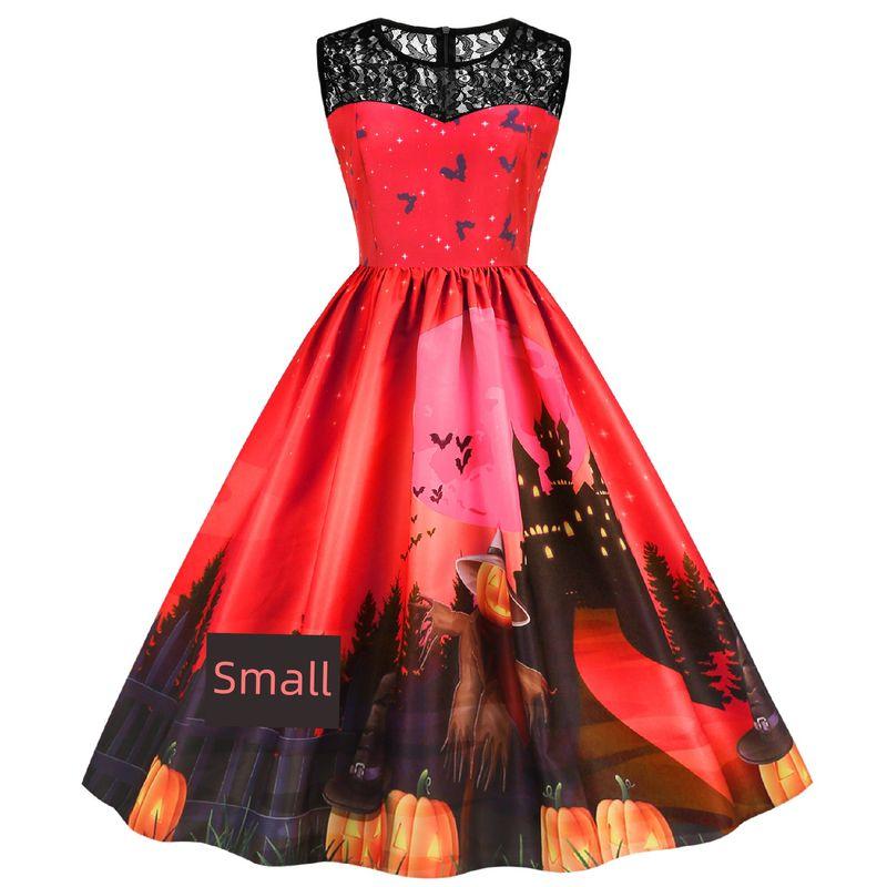 Fashion Halloween round Neck Lace Patchwork Pumpkin Cartoon Print Silm Sleeveless Swing Dress Female Dress