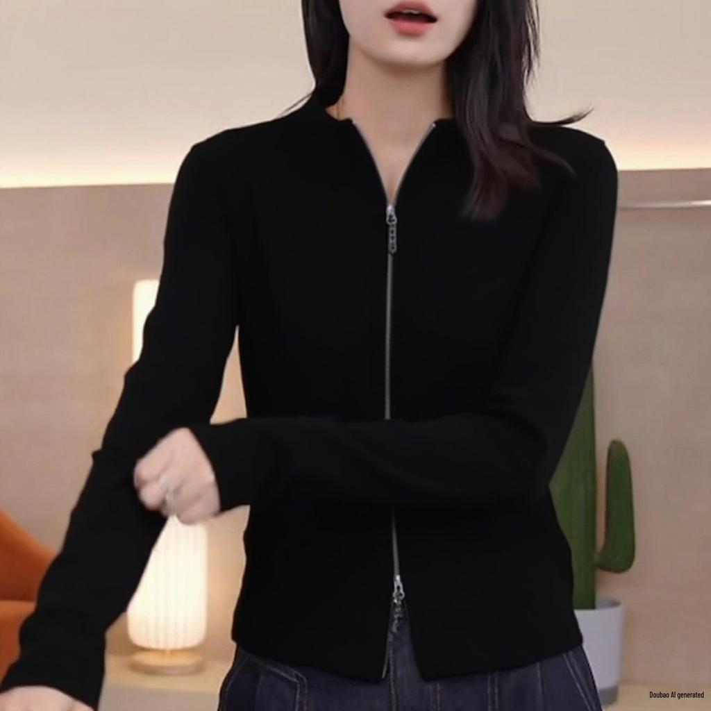Versatile Women's Stand Collar Slim Fit Double Zipper Jacket - Stylish Long Sleeve T-shirt Cardigan for Autumn/Winter
