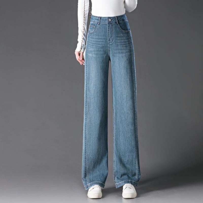 

1082 Petite High-Waist Rhinestone Embossed Wide Leg Bell Bottom Jeans for Middle-Aged Women - Spring/Autumn 2025 Fashion 30 синий