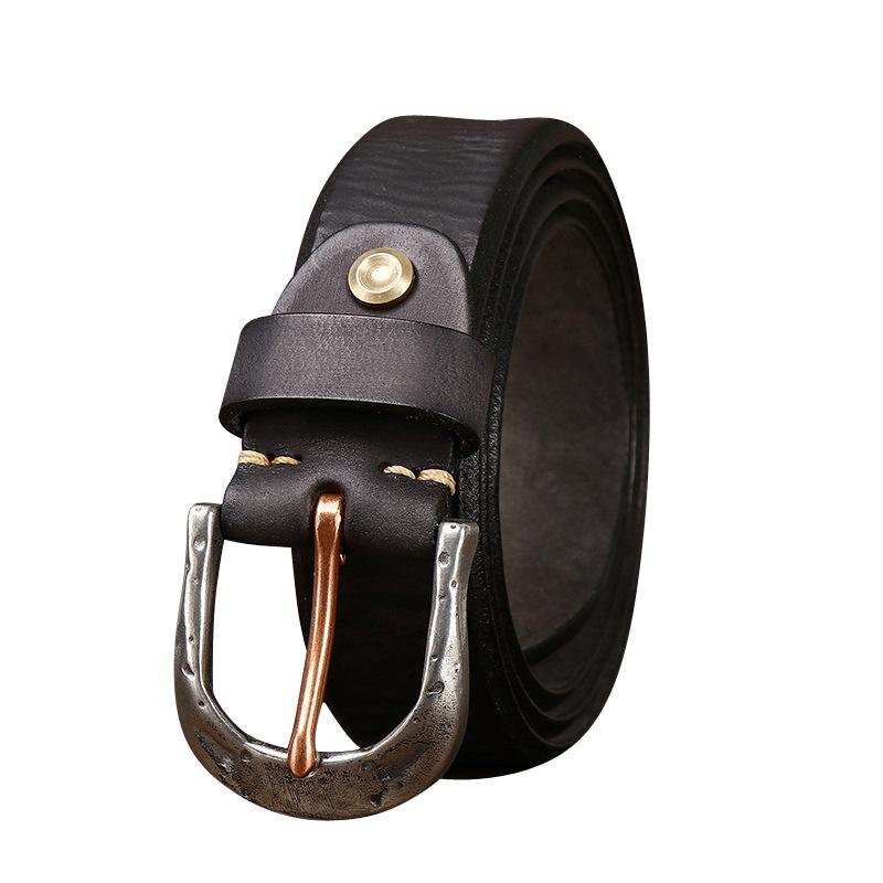 Men's Leather Belt Amekaji American Retro Manual Thickened First Layer Cowhide Stainless Steel Buckle Genuine Leather Belt Men's